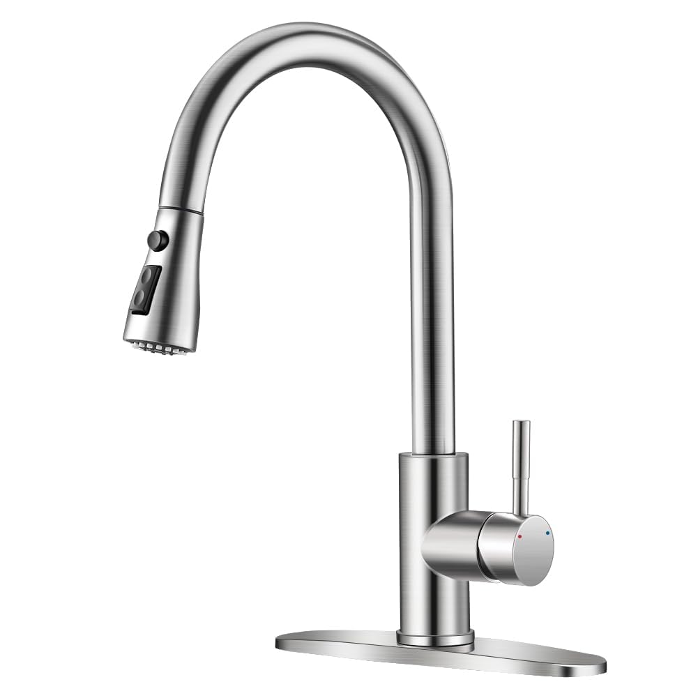 Kitchen Faucet with Cup Washer Pull Down Sprayer Stainless Steel Kitchen Sink Faucet with Deck Plate Glass Rinser Single Hole Brushed Nickel