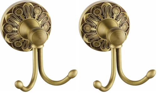 Antique Brass Towel Hook, Wall Mounted Bathroom Hook for Clothing & Robe Hanger, Screws Install Shower Wall Hook, Vintage Gold Brass Petal-Relief Series Longhorn Double Hook