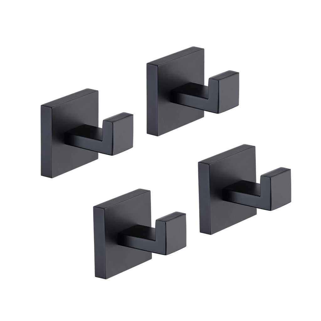 TASTOS Bath Towel Hooks Matte Black, 2 Pack Stainless Steel Robe Coat and Clothes Hook, Heavy Duty Wall Hook for Bathroom & Kitchen, Modern Square Style Wall Mounted (Black)