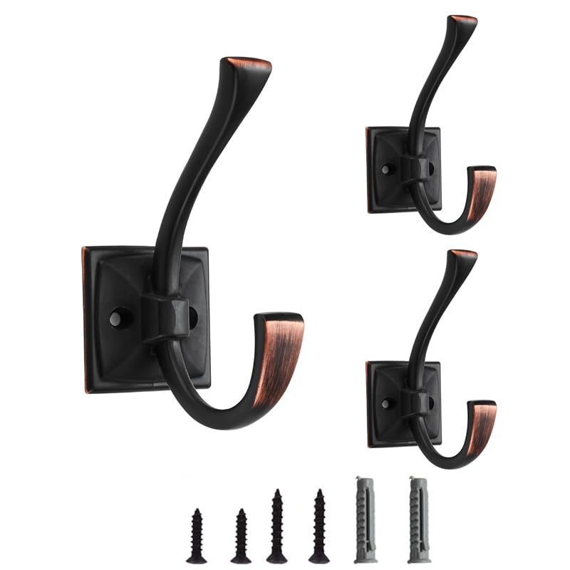 5 Pack Decorative Heavy Duty Towel Hooks for Hanging Robe Double Oil Rubbed Bronze Coat Hooks Wall Mounted with Screws for Key, Towel, Bags, Cup, Hat
