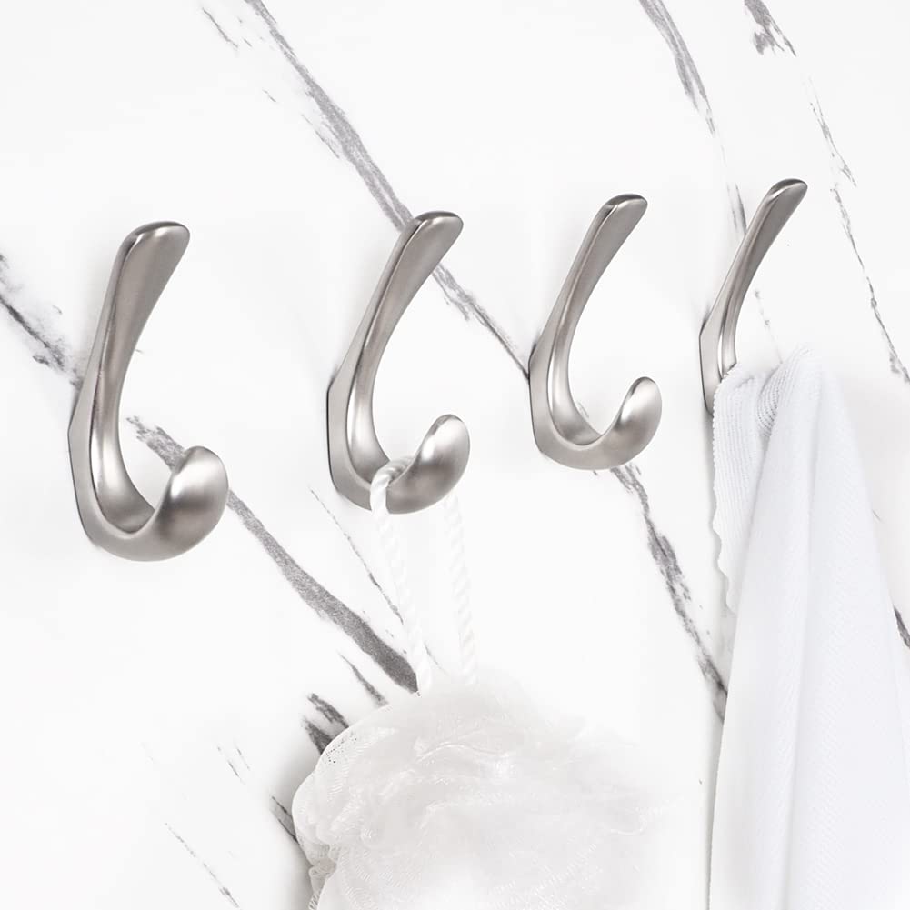 2 Pack Towel Hooks for Bathrooms Wall Mounted, Brushed Nickel Bathroom Hooks for Towels, Robe & Towel Hook for Wall, Modern Bath Towel Hook