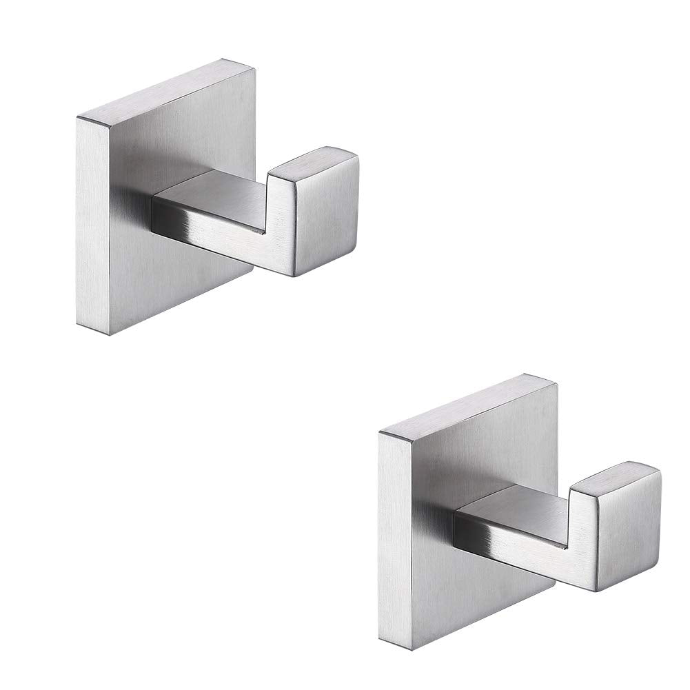 TASTOS Bath Towel Hooks Matte Black, 2 Pack Stainless Steel Robe Coat and Clothes Hook, Heavy Duty Wall Hook for Bathroom & Kitchen, Modern Square Style Wall Mounted (Black)