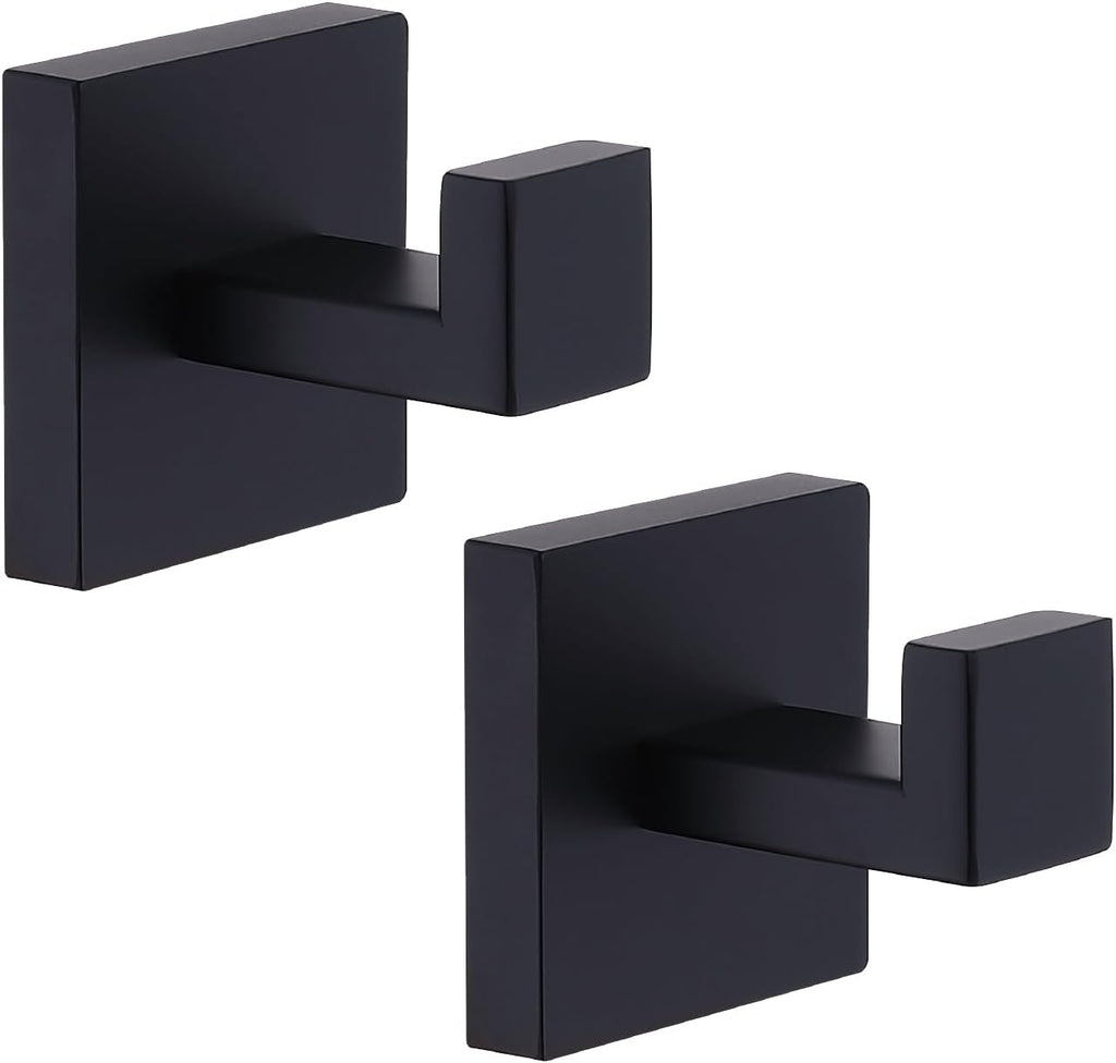 TASTOS Bath Towel Hooks Matte Black, 2 Pack Stainless Steel Robe Coat and Clothes Hook, Heavy Duty Wall Hook for Bathroom & Kitchen, Modern Square Style Wall Mounted (Black)