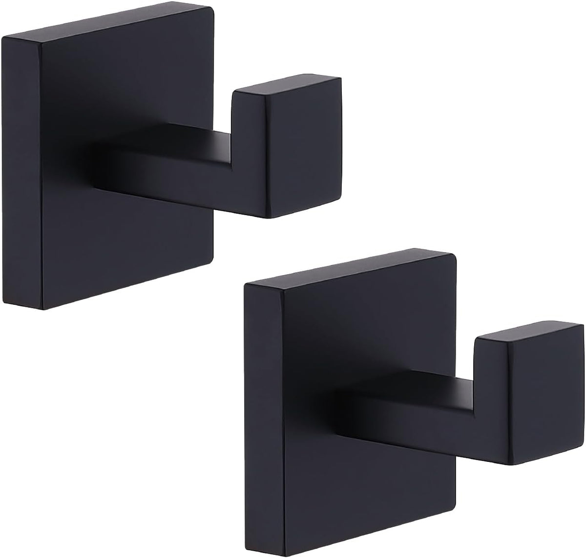 TASTOS Bath Towel Hooks Matte Black, 2 Pack Stainless Steel Robe Coat and Clothes Hook, Heavy Duty Wall Hook for Bathroom & Kitchen, Modern Square Style Wall Mounted (Black)