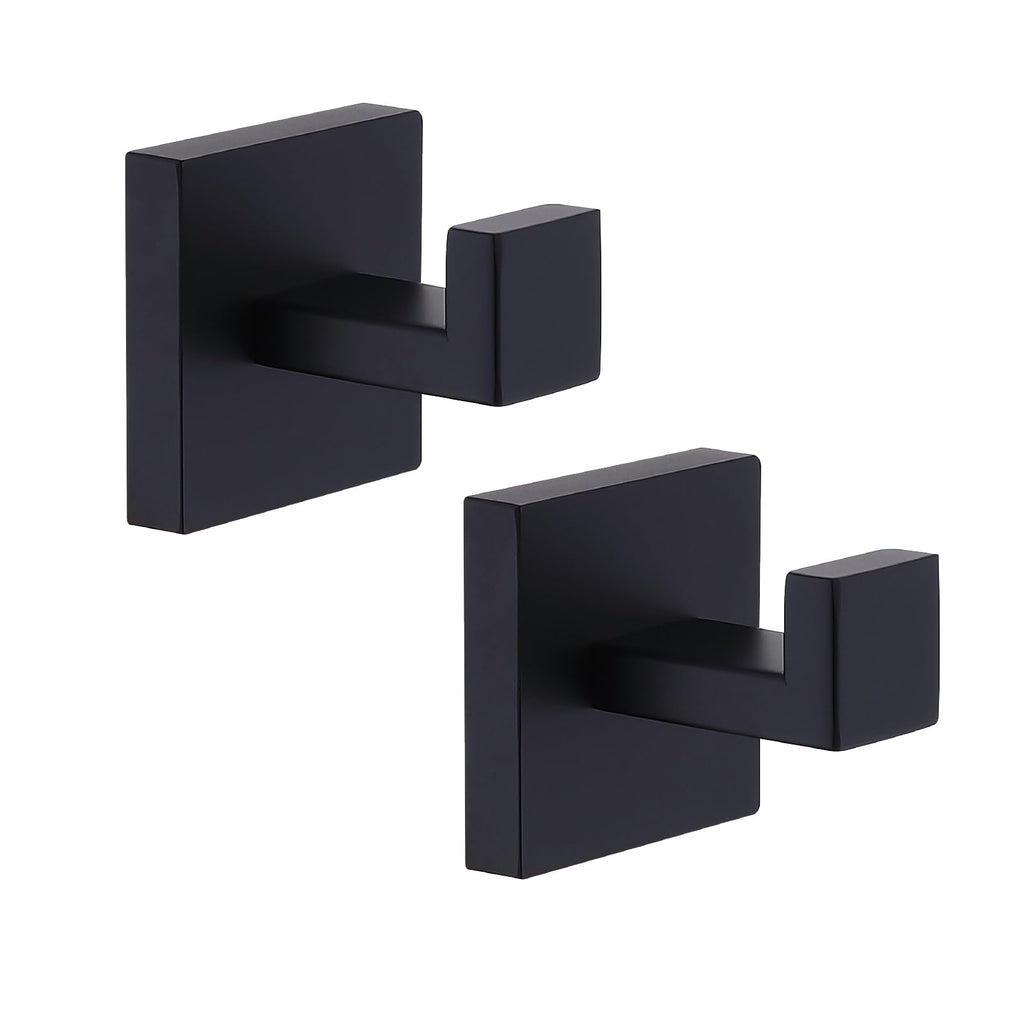 TASTOS Bath Towel Hooks Matte Black, 2 Pack Stainless Steel Robe Coat and Clothes Hook, Heavy Duty Wall Hook for Bathroom & Kitchen, Modern Square Style Wall Mounted (Black)