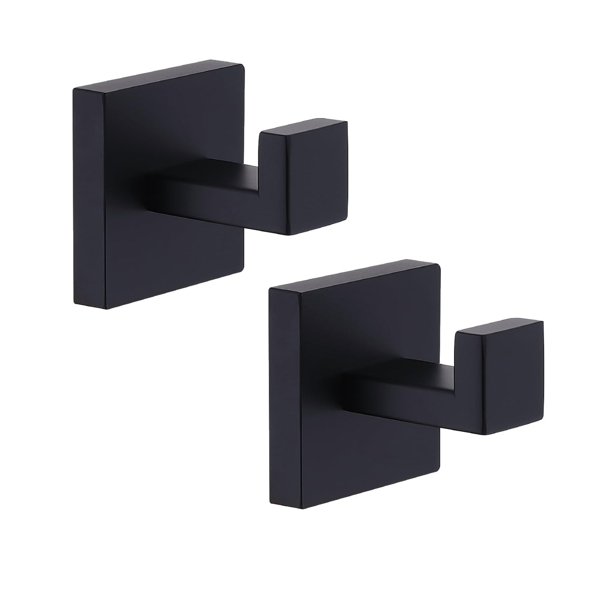 TASTOS Bath Towel Hooks Matte Black, 2 Pack Stainless Steel Robe Coat and Clothes Hook, Heavy Duty Wall Hook for Bathroom & Kitchen, Modern Square Style Wall Mounted (Black)