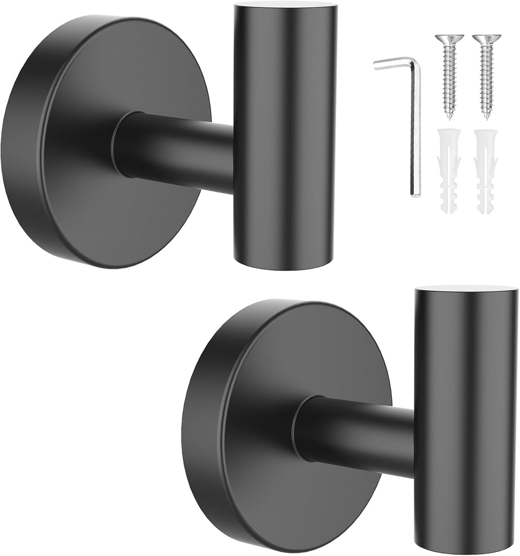 SetSail Towel Hooks for Bathrooms 4 Packs Screw-in Matte Black Bathroom Towel Hook Wall Mounted Stainless Steel Shower Towel Hooks for Coat Hanging, Drill Hole