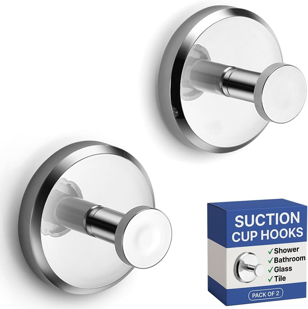 HOME SO Suction Cup Hooks for Shower & Bathroom Towel Holder 2-Pack Chrome