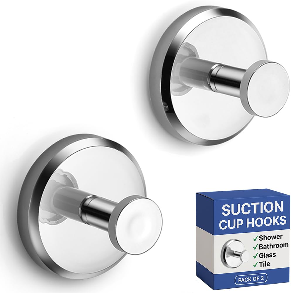 HOME SO Suction Cup Hooks for Shower & Bathroom Towel Holder 2-Pack Chrome