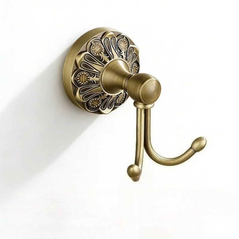 2 Pcs Pack Antique Brass Towel Hook Vintage Coat Hook with 2 Hooks Wall Mounted Robe Hooks for Bathrooms and Kitchen Bronze Hand Towel Hook Hanger with Brushed Gold Finish