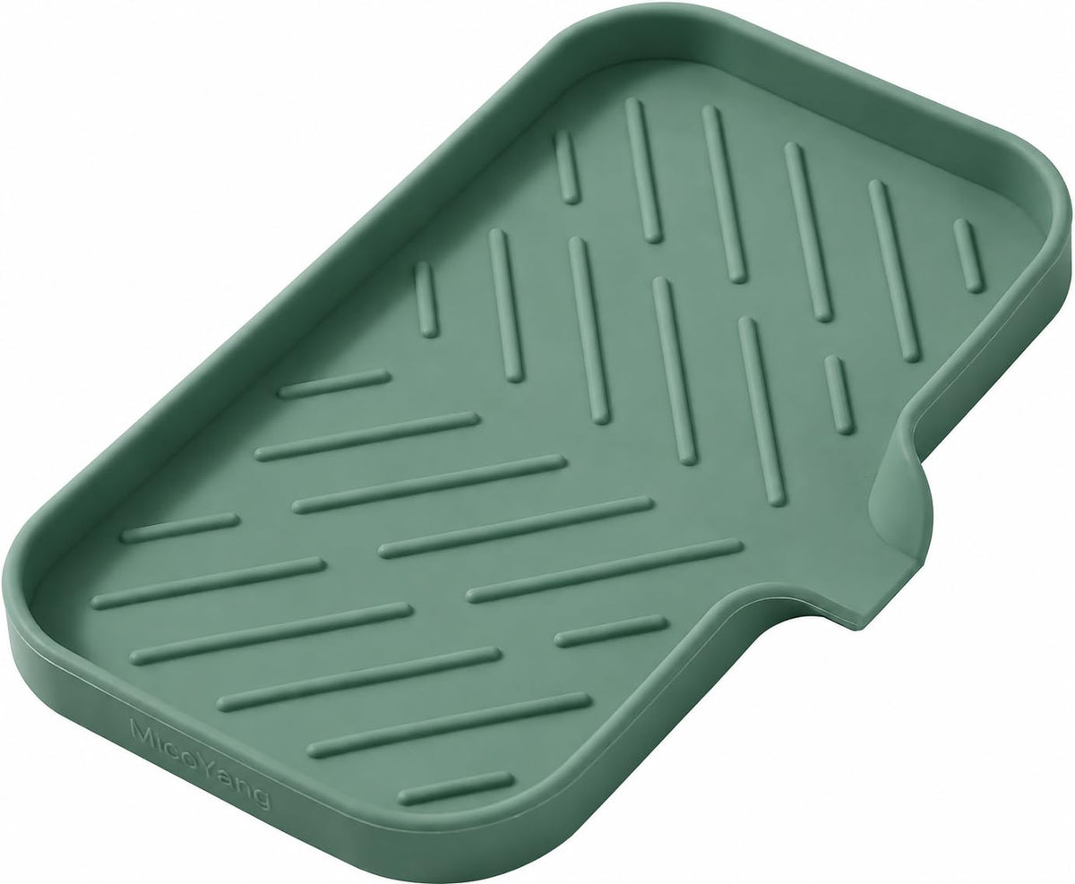 MicoYang Silicone Soap Dish with Drain Spout, Self-Draining Sink Organizer Tray for Bathroom and Kitchen, Sponges, Dispensers and Soap Holder, Non-Slip and Dishwasher Safe, White (Compact, 4.9"×3.2")