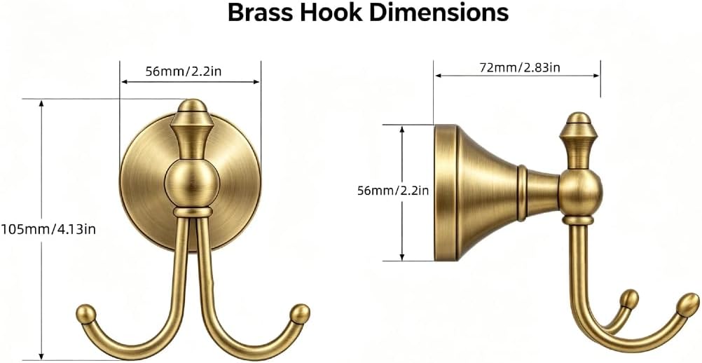 2 Pcs Pack Antique Brass Towel Hook Vintage Coat Hook with 2 Hooks Wall Mounted Robe Hooks for Bathrooms and Kitchen Bronze Hand Towel Hook Hanger with Brushed Gold Finish