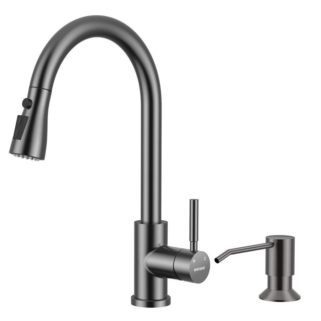 WEWE Pull-Down Kitchen Faucet with 3 Mode Sprayer, Polished Chrome