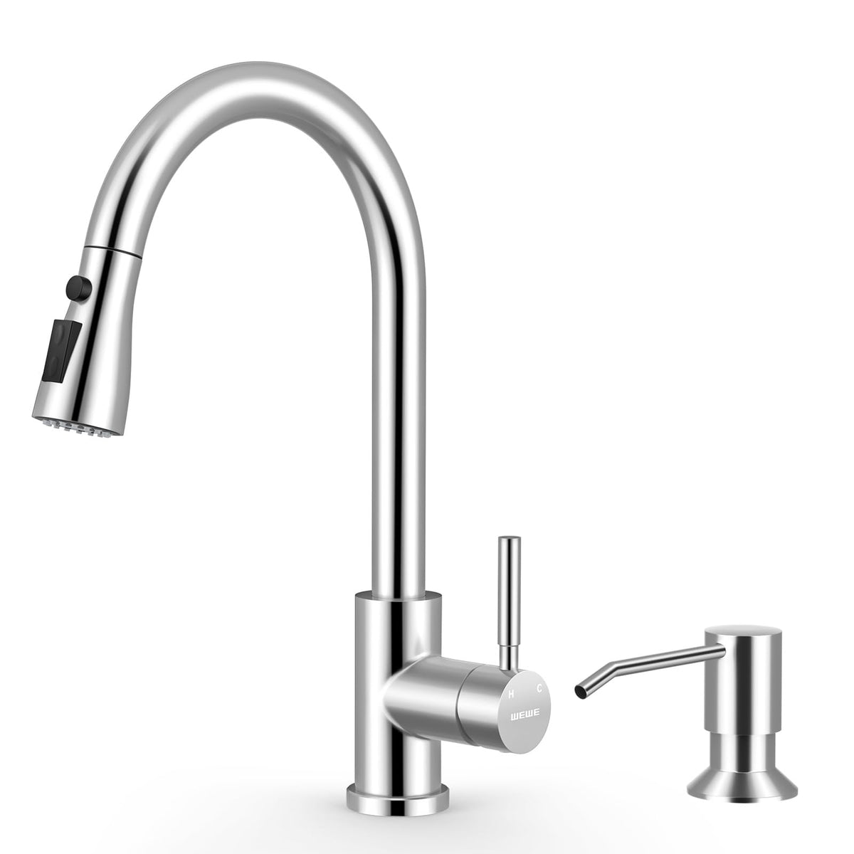 WEWE Pull-Down Kitchen Faucet with 3 Mode Sprayer, Polished Chrome