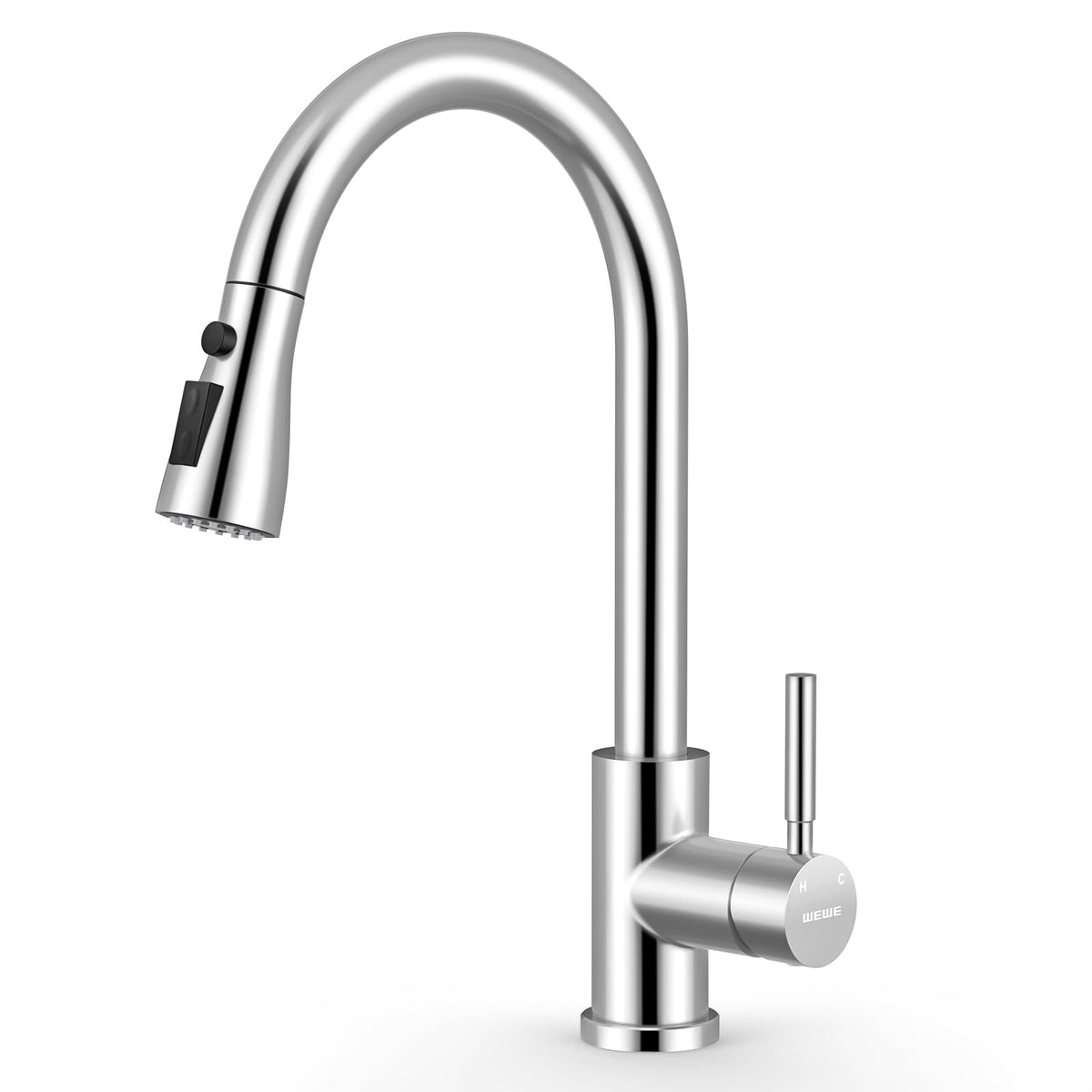 WEWE Pull-Down Kitchen Faucet with 3 Mode Sprayer, Polished Chrome