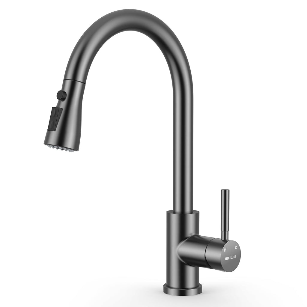 WEWE Pull-Down Kitchen Faucet with 3 Mode Sprayer, Polished Chrome
