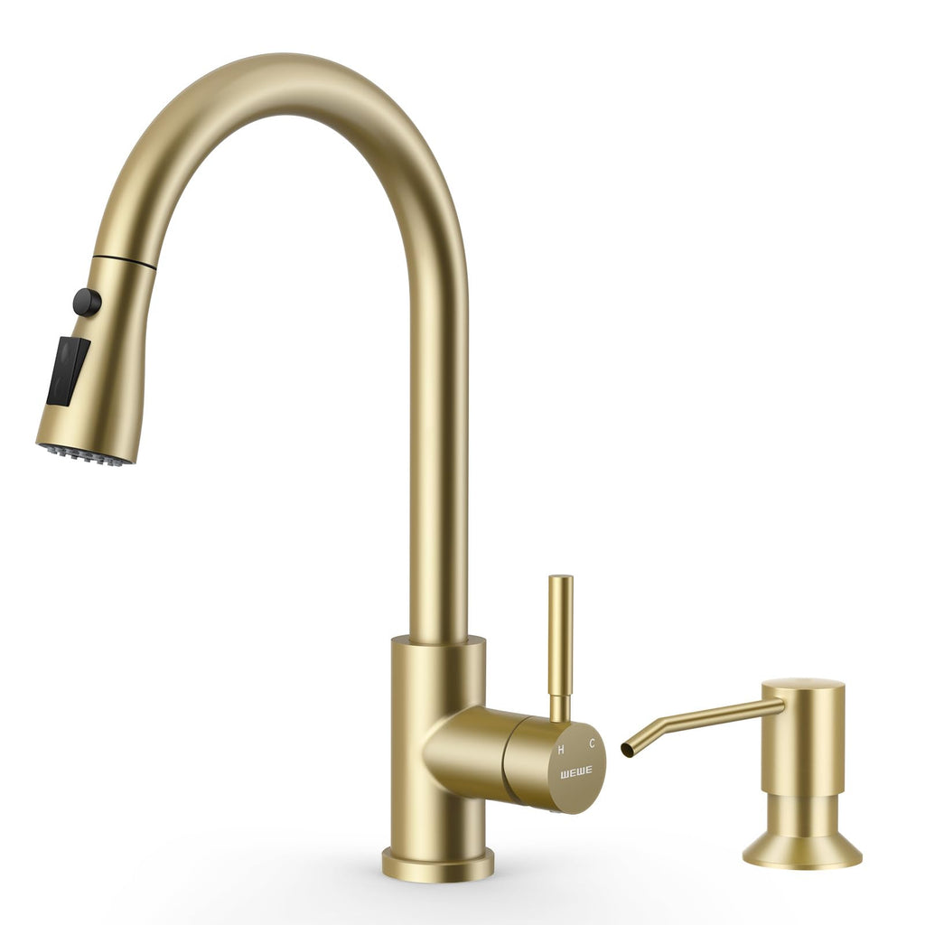 WEWE Pull-Down Kitchen Faucet with 3 Mode Sprayer, Polished Chrome