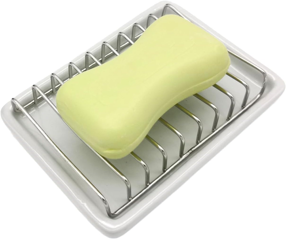 Ceramic Soap Dish with Stainless Steel Drain Tray Self Draining Soap Holder Sponge Holder Soap Dishes for Shower, Bathroom, Kitchen Sink