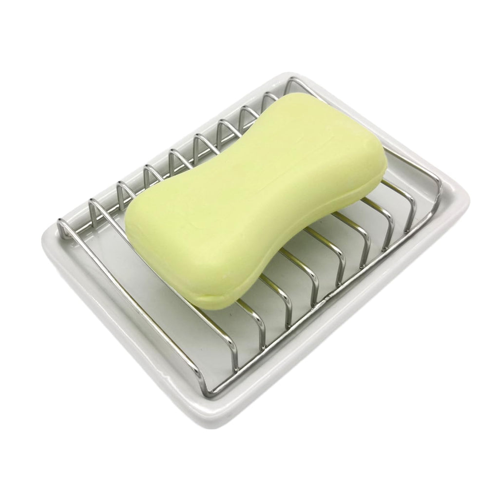 Ceramic Soap Dish with Stainless Steel Drain Tray Self Draining Soap Holder Sponge Holder Soap Dishes for Shower, Bathroom, Kitchen Sink