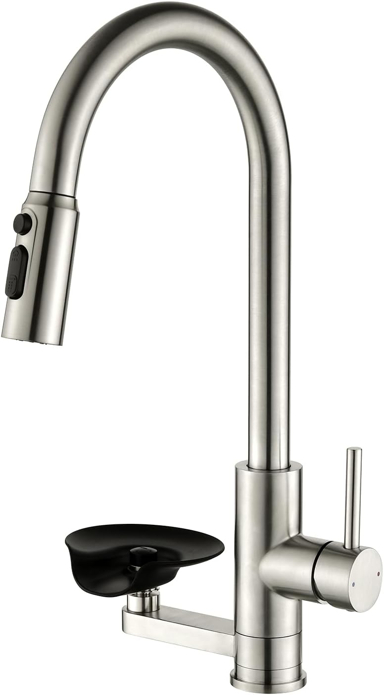 Kitchen Faucet with Cup Washer Pull Down Sprayer Stainless Steel Kitchen Sink Faucet with Deck Plate Glass Rinser Single Hole Brushed Nickel