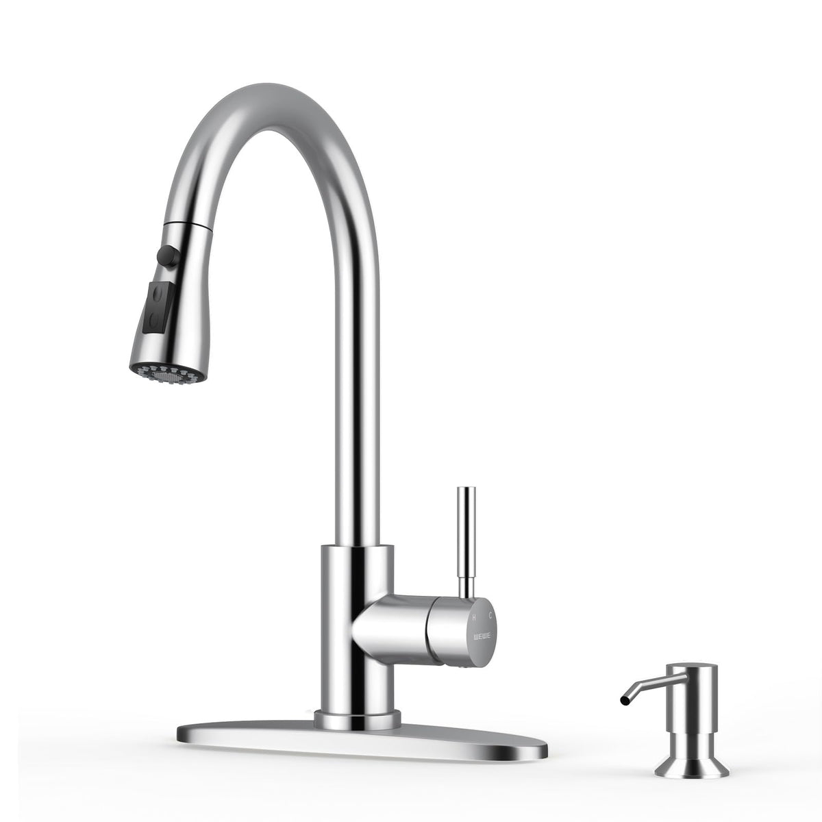 WEWE Pull-Down Kitchen Faucet with 3 Mode Sprayer, Polished Chrome