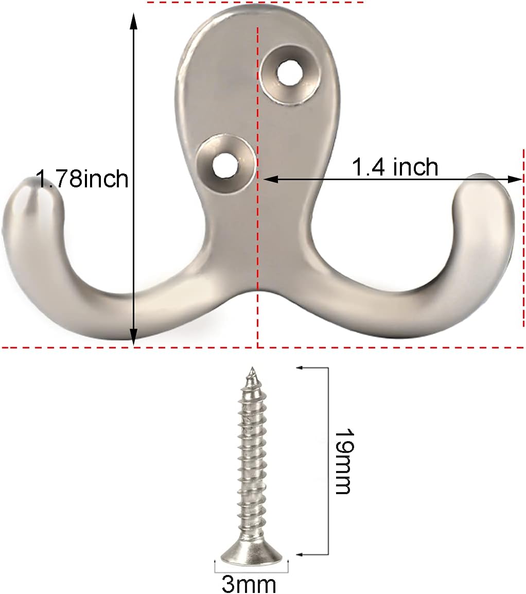 IBosins 10 Pack Silvery Double Prong Coat Hooks Wall Mounted with 20 Screws