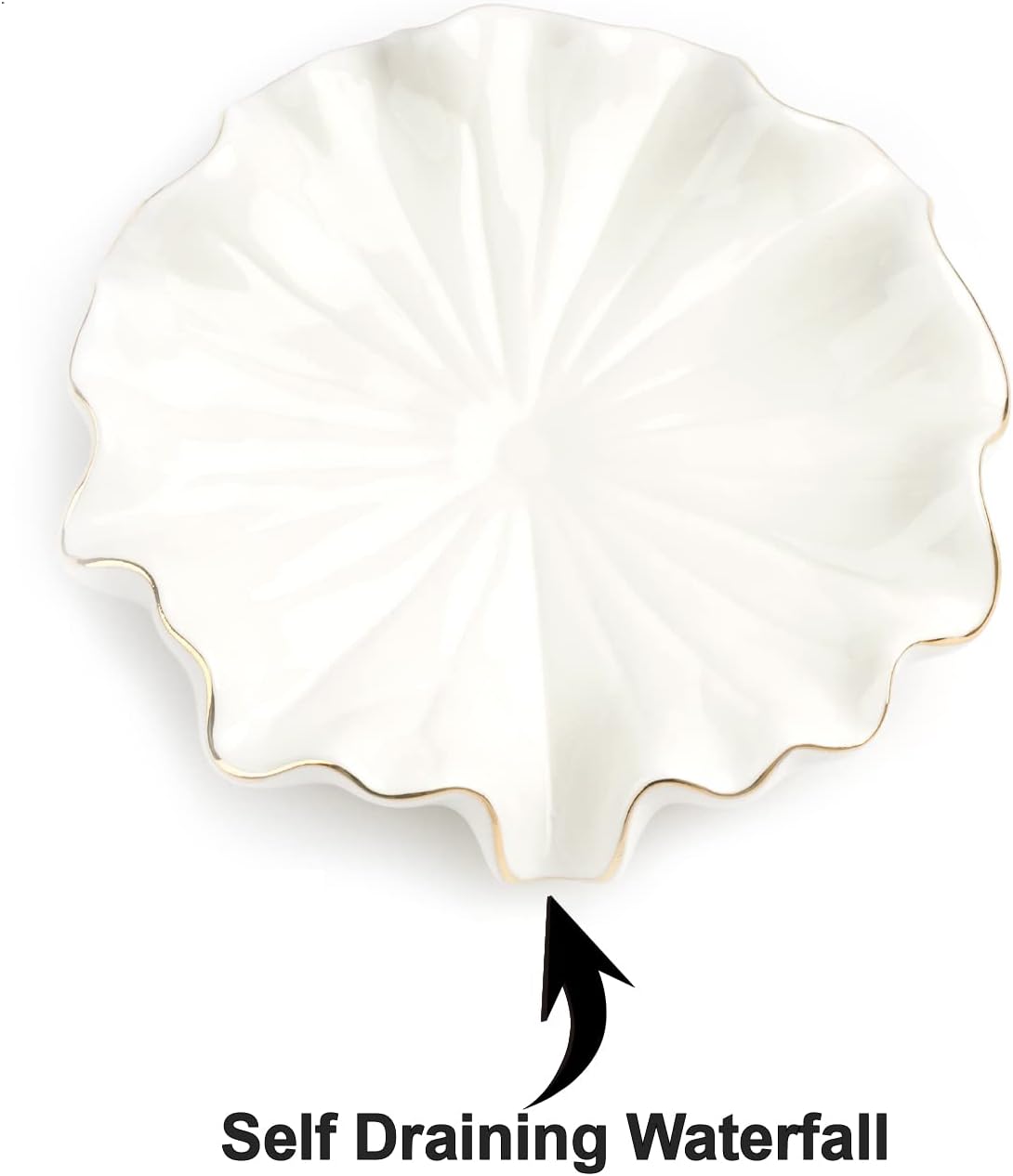 Ceramic Self Draining Soap Dish White Lotus Leaf Soap Holder Waterfall Soap Dish Soap Savers for Bar Soap, for Bathroom, for Shower, for Bar Counter