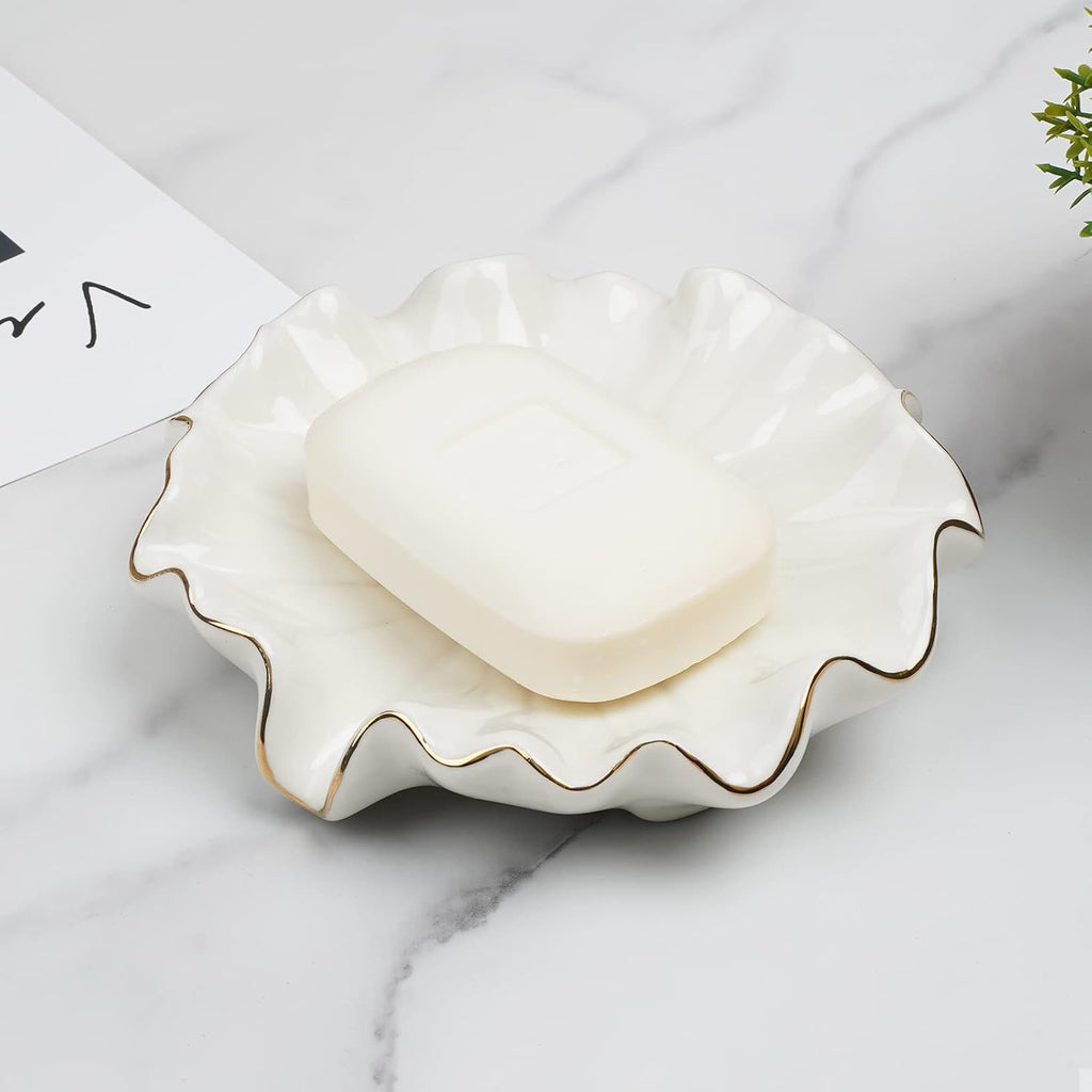 Ceramic Self Draining Soap Dish White Lotus Leaf Soap Holder Waterfall Soap Dish Soap Savers for Bar Soap, for Bathroom, for Shower, for Bar Counter