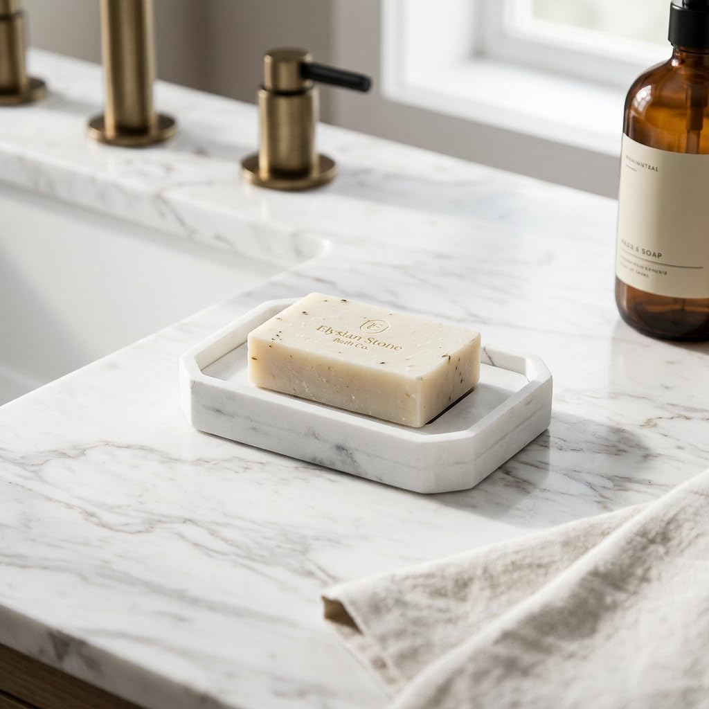 Drainable Soap Dish, Double Layer Resin Soap Holder with Marble-Look, Non-Slip Silicone Feet Soap Saver for Bathroom