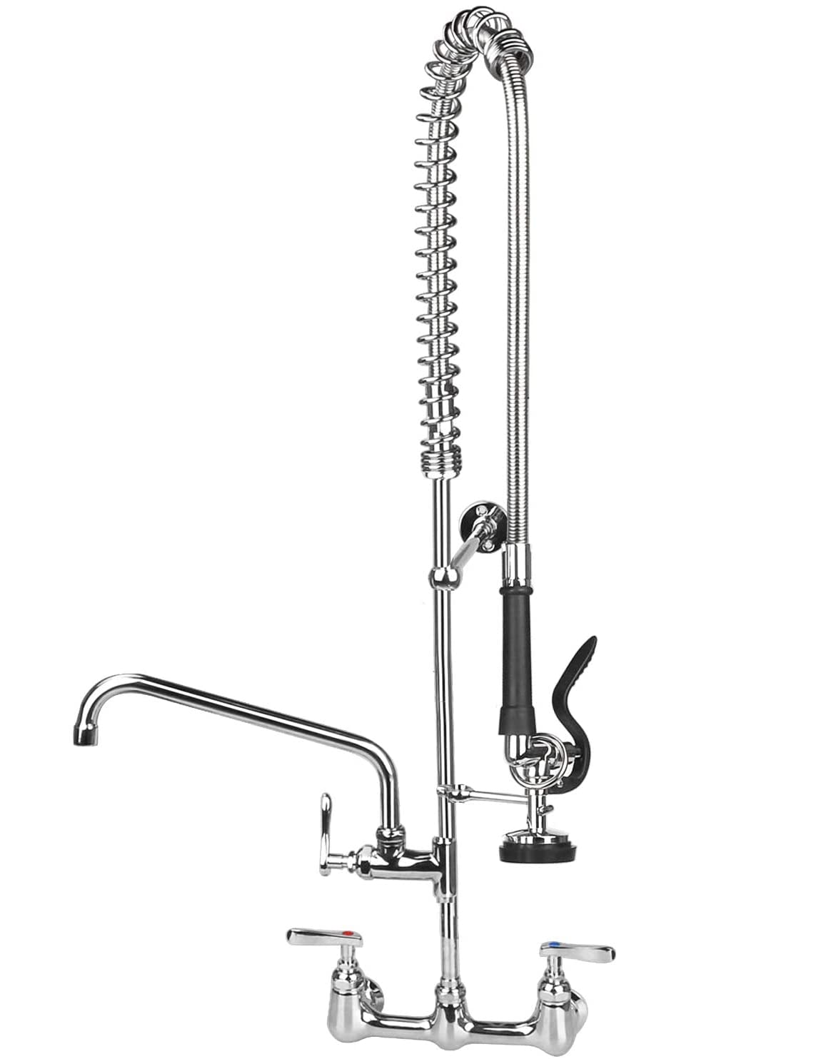 Commercial Kitchen Faucet Wall Mount with Pre Rinse Sprayer, 25" Height 8" Adjustable Center Wall Mount Restaurant Sink Faucet with 12" Swivel Add-on Spout and Pull Down Sprayer