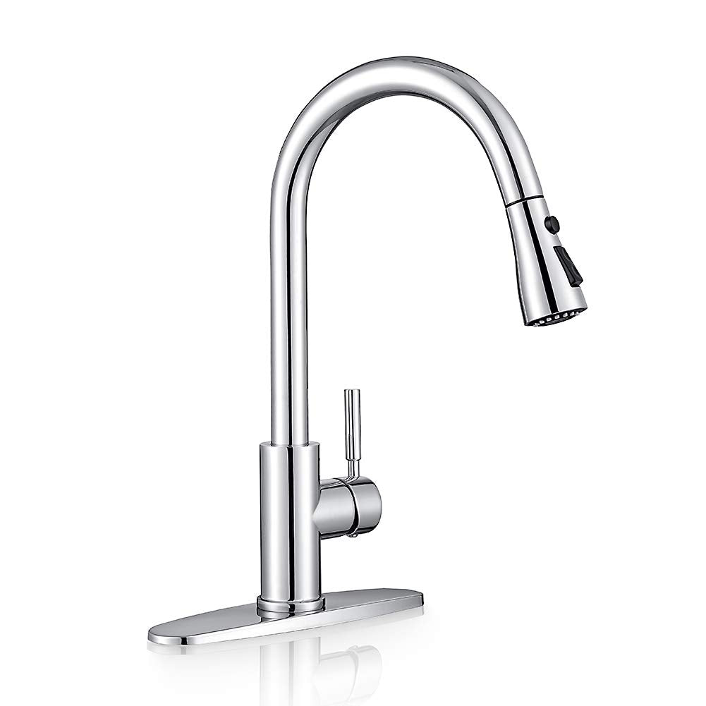 WEWE Pull-Down Kitchen Faucet with 3 Mode Sprayer, Polished Chrome