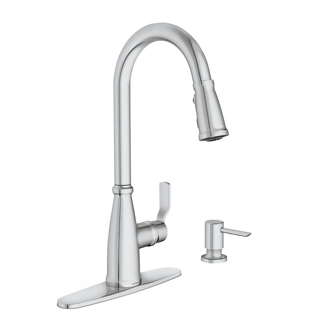 Moen Nolia Chrome One-Handle Pre-Rinse Spring Kitchen Faucet with Pull Down Sprayer, Single Hole Kitchen Sink Faucet with Soap Dispenser, 87886