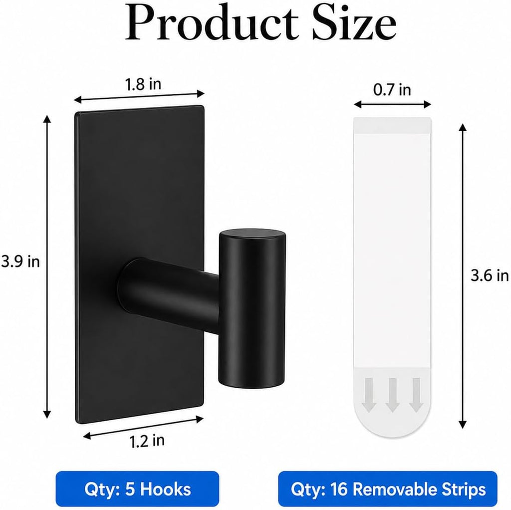 5 Pcs Towel Hooks Heavy Duty for Hanging，Adhesive Wall Hooks with Removable Strips，Sticky No Damage，Outdoor for Bathrooms，Shower，Stockings，Decor，Robe，X-Large，Black 304 Stainless Steel