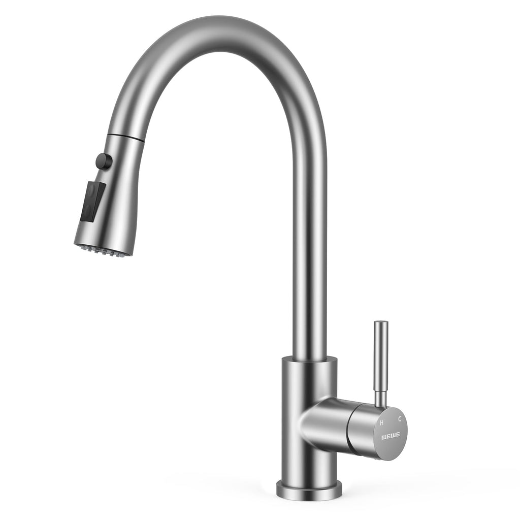 WEWE Pull-Down Kitchen Faucet with 3 Mode Sprayer, Polished Chrome
