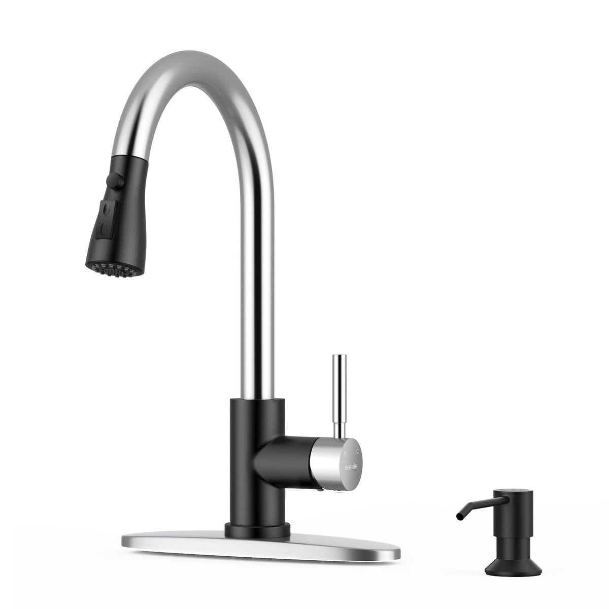 WEWE Pull-Down Kitchen Faucet with 3 Mode Sprayer, Polished Chrome