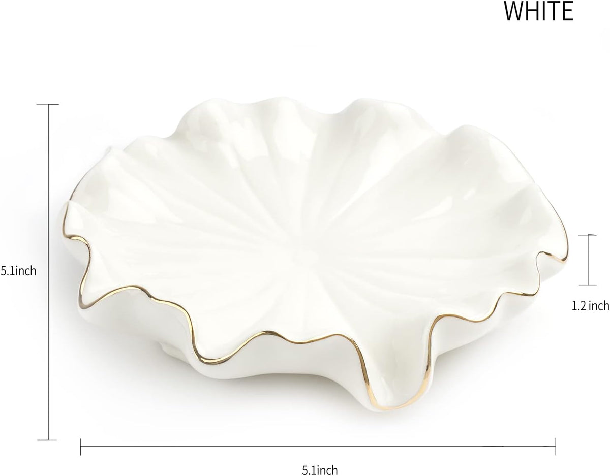 Ceramic Self Draining Soap Dish White Lotus Leaf Soap Holder Waterfall Soap Dish Soap Savers for Bar Soap, for Bathroom, for Shower, for Bar Counter