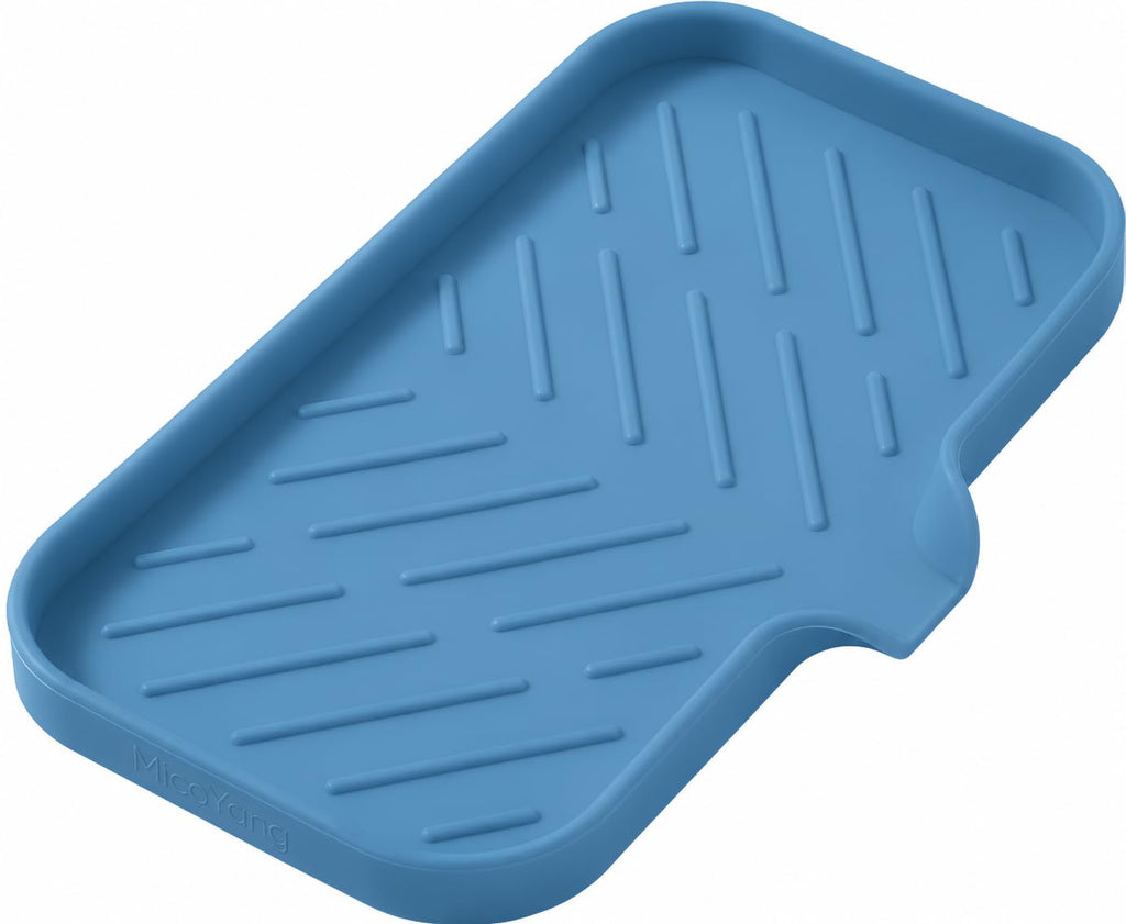 MicoYang Silicone Soap Dish with Drain Spout, Self-Draining Sink Organizer Tray for Bathroom and Kitchen, Sponges, Dispensers and Soap Holder, Non-Slip and Dishwasher Safe, White (Compact, 4.9"×3.2")