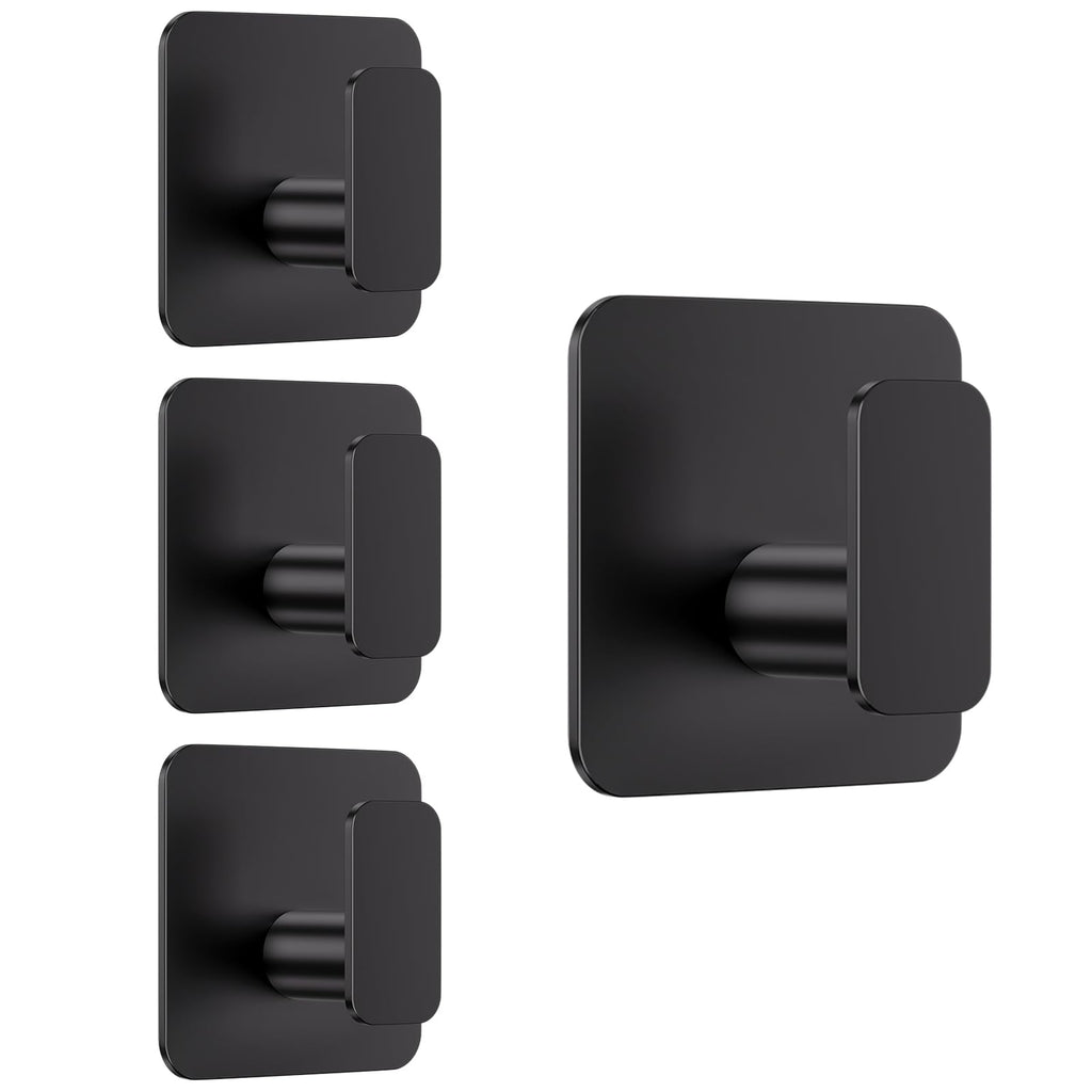 Aikzik Black Hooks for Hanging Heavy Duty, Adhesive Hooks for Shower, Bathroom, Kitchen, Robe, Towel, Coat, Waterproof & Rustproof Hook for Walls No Damage, Sticky Wall Towel Hooks - 4 Pack