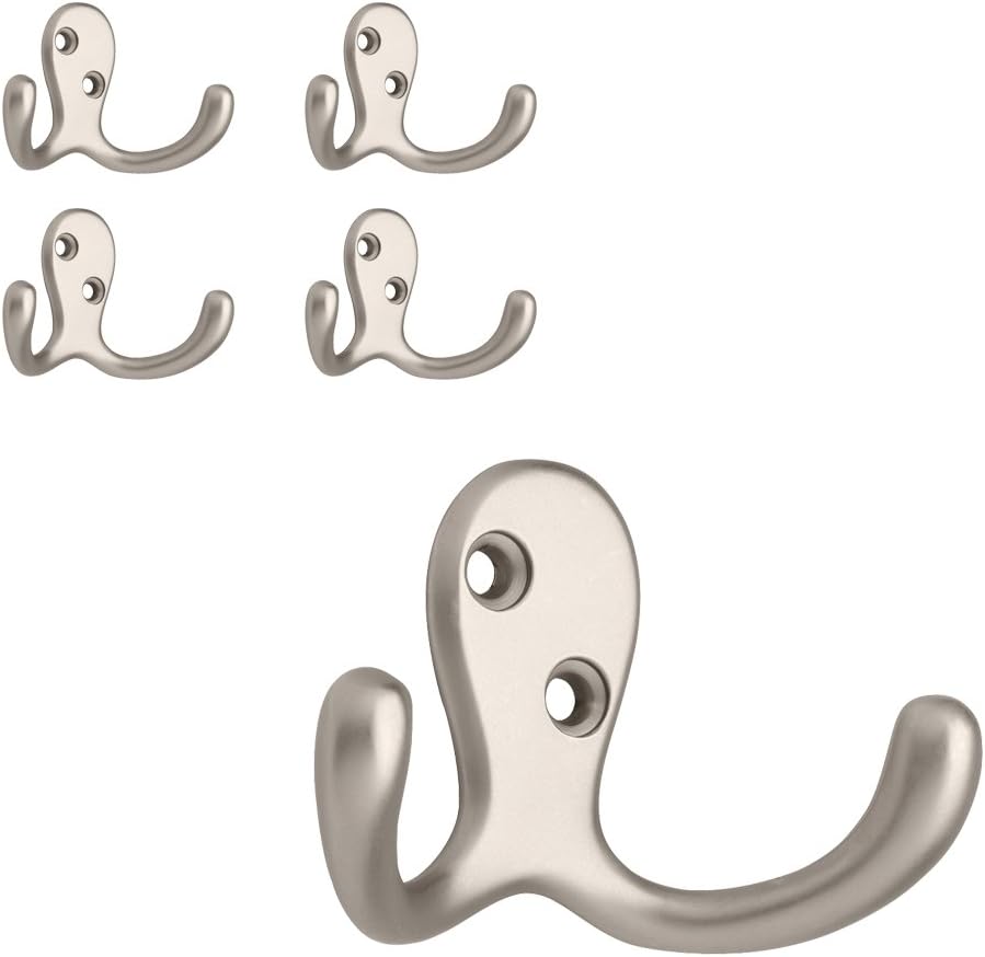 Franklin Brass (5-Pack) Double Wall Hooks 2-Prong Coat/Hat Matte Nickel Hooks for Hanging Wall Mount Hanger Clothes, Purse, Bag, Towel Organization Decorative Wall Hooks FBDPRH5-MN-C