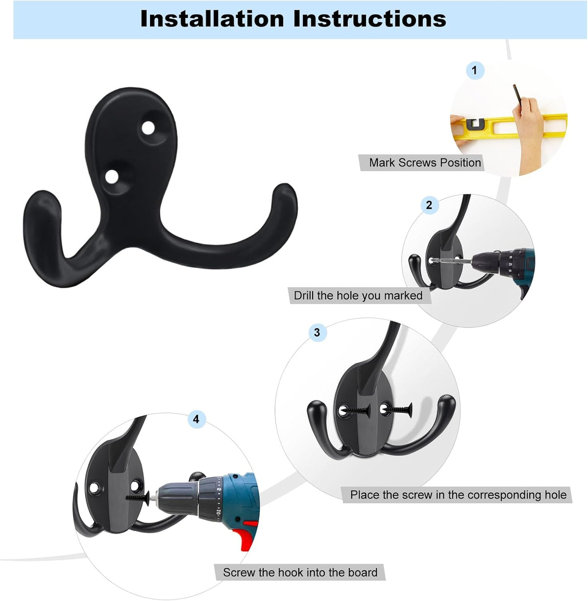 Kruodop 4 Pack Wall Hooks Wall Mounted Coat Hooks for Hanging Heavy Duty, Black Towel Hooks, Metal Double Coat Hanger with Screws Cup Retro for Coats, Handbags, Towels, Hat