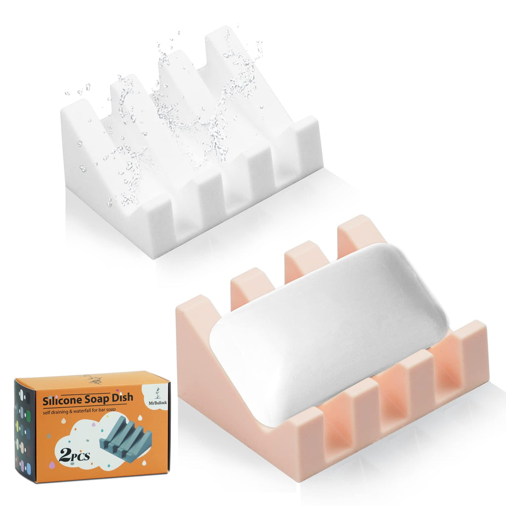 Self Draining Silicone Soap Dish Holder Waterfall Tray, 2 Pack Black