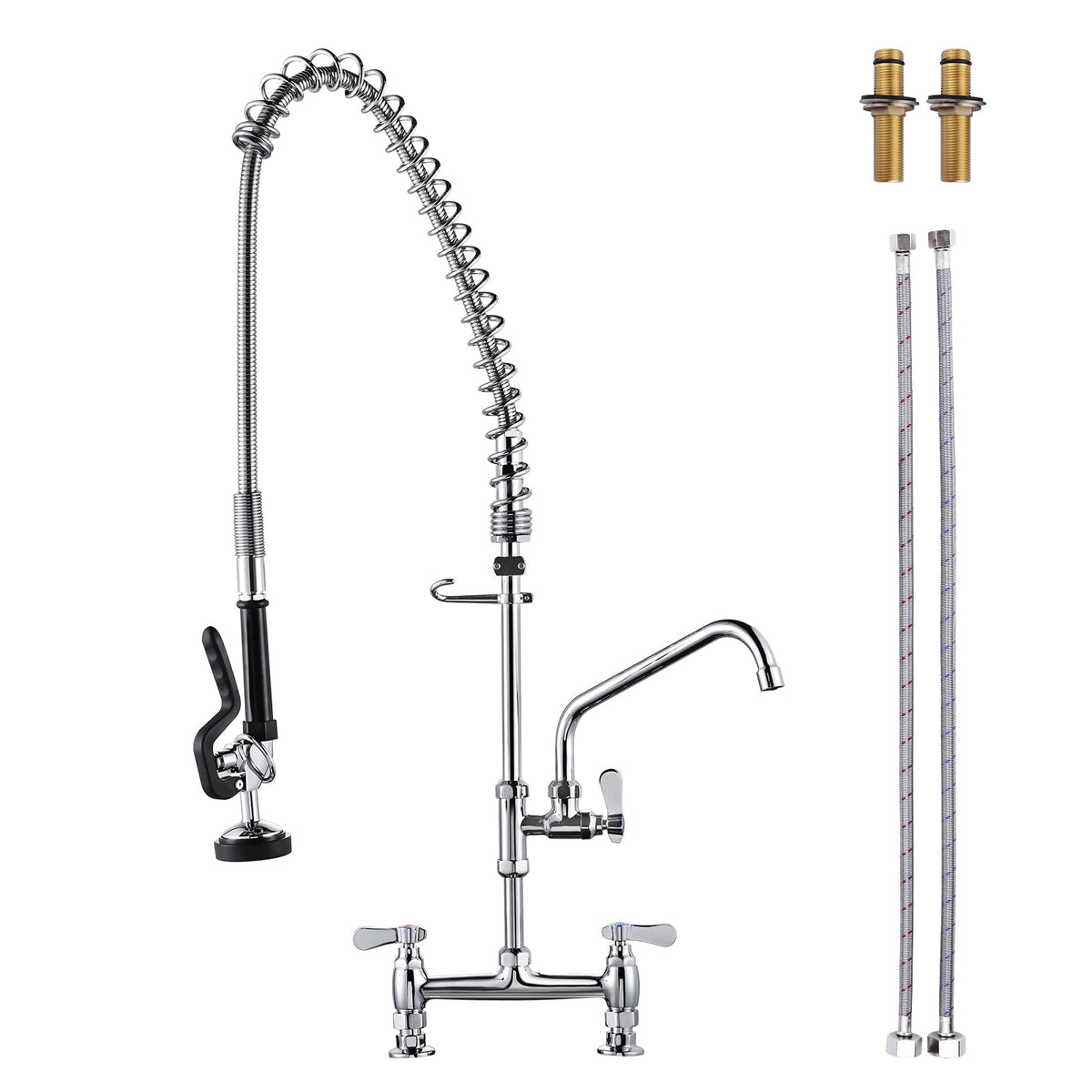 Commercial Kitchen Faucet Deck Mount with Pre-Rinse Sprayer 26" Height Kitchen Sink Faucet 8 Inch Center with 10" Add-on Swing Spout Faucet & Coiled Spring Pull Down Spray