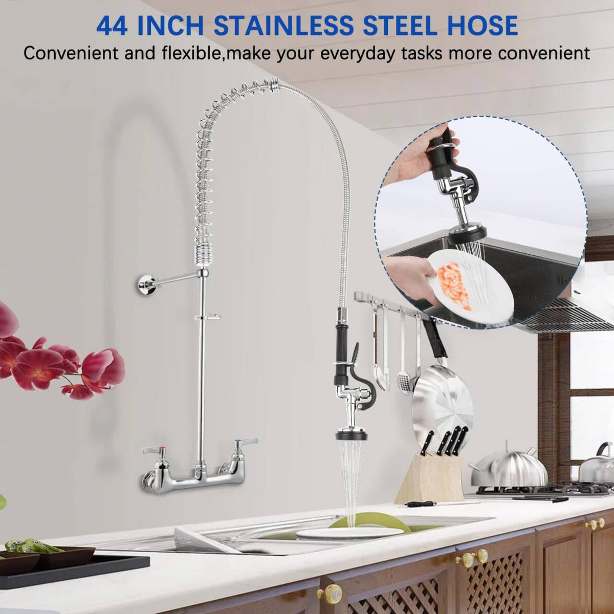 COOLWEST Pre Rinse Spray Valve with 44” Commercial Sink Sprayer Hose and Overhead Spring, Black Pre Rinse Sprayer with Stainless Steel Hose & Spring Replacement Kit for Commercial Kitchen Faucets
