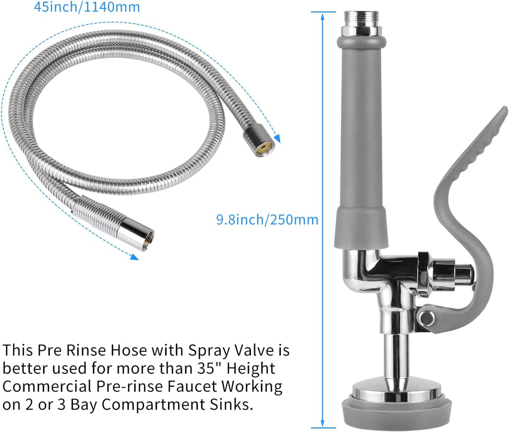 Spray Valve with Pre-Rinse Hose 45”Flexible Stainless Hose with High Pressure Pre Rinse Sprayer Nozzle Head Assembly Kit for Commercial Restaurant Industrial Kitchen Faucet