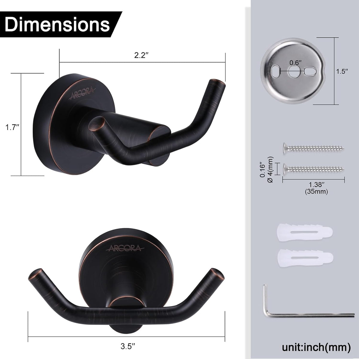 ARCORA Oil Rubbed Bronze Towel Hooks, SUS 304 Stainless Steel Robe Hook