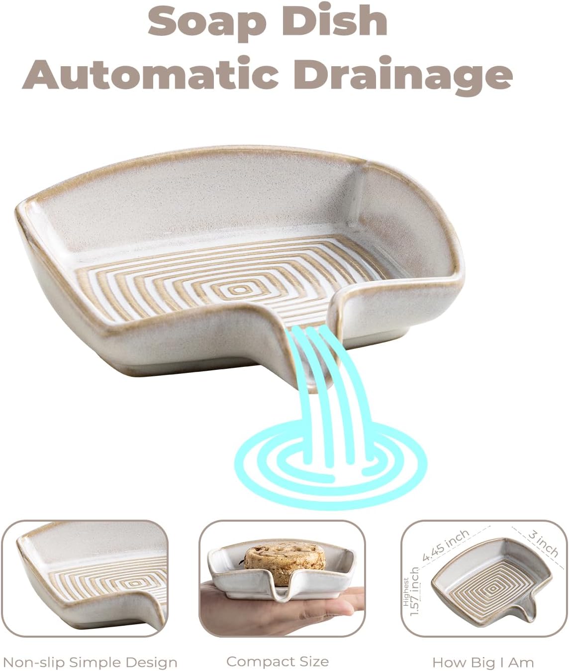 Zoeeker Self Draining Soap Dish, Ceramic Soap Holder with Waterfall Design