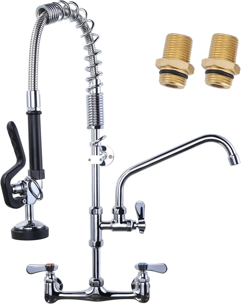 Commercial Kitchen Faucet Wall Mount with Pre-Rinse Sprayer 8 Inch Center Wall Mount Kitchen Sink Faucet with 9.6" Add-on Swing Spout 25" Height Faucet with Pull Down Spray