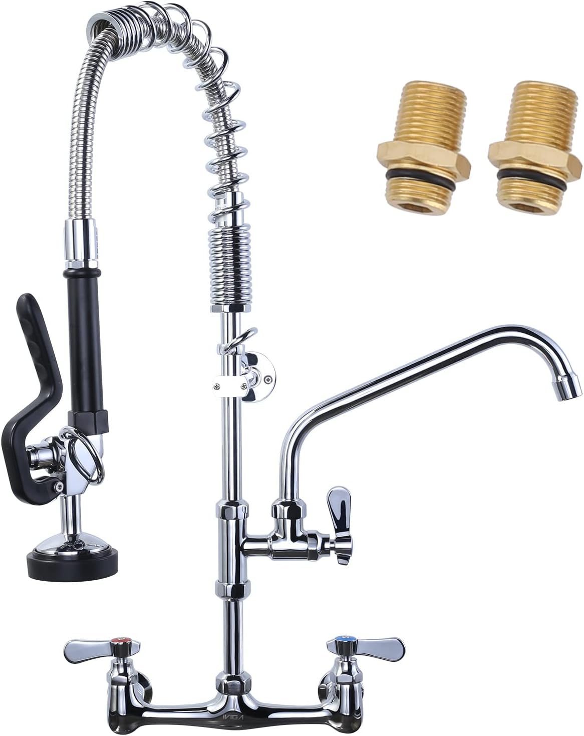 Commercial Kitchen Faucet Wall Mount with Pre-Rinse Sprayer 8 Inch Center Wall Mount Kitchen Sink Faucet with 9.6" Add-on Swing Spout 25" Height Faucet with Pull Down Spray