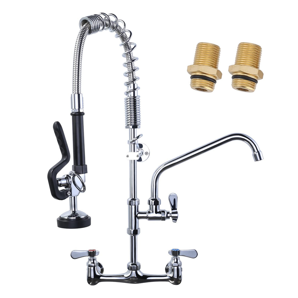 Commercial Kitchen Faucet Wall Mount with Pre-Rinse Sprayer 36" Height Wall Mount Kitchen Sink Faucet 8 Inch Center with 10" Add-on Swing Spout Faucet & Coiled Spring Pull Down Spray