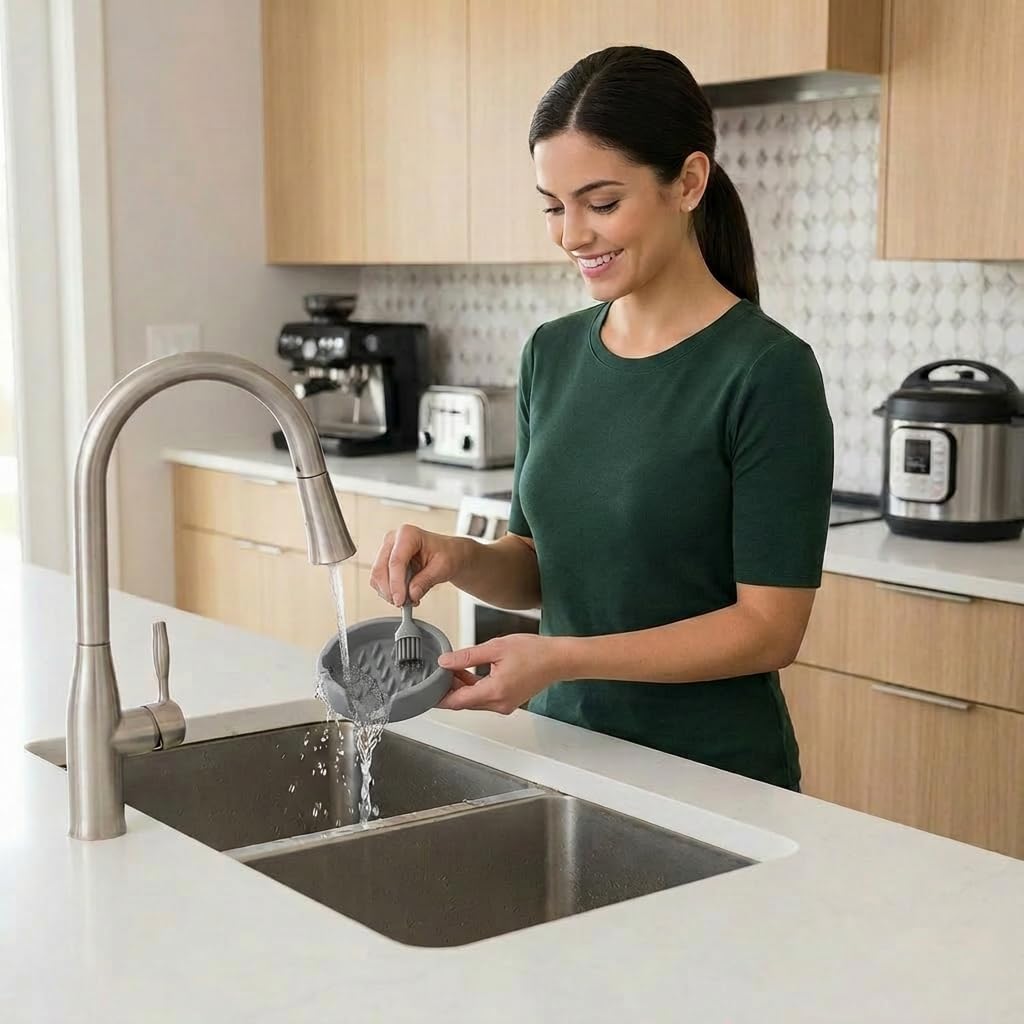 Silicone Sponge Holder Compatible with Scrub Daddy, Self Draining Sink Organizer with Suction Cups, Kitchen Soap Dish & Sponge Holder, Dishwasher Safe,With small brushes, Grey